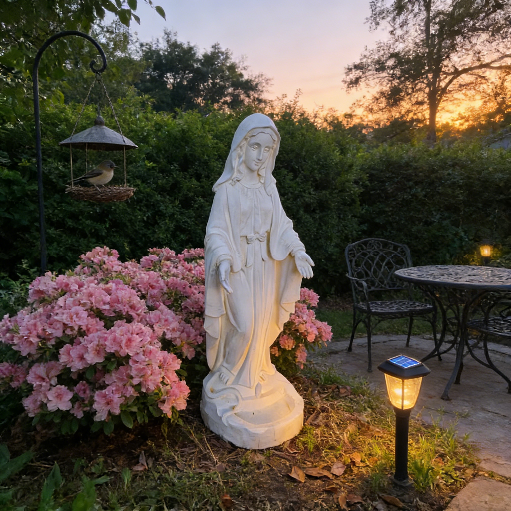Heart Soars Religious Virgin Mary Statue with Bird Feeder, White Magnesium Oxide, 22x24.5x64cm, Garden Decor