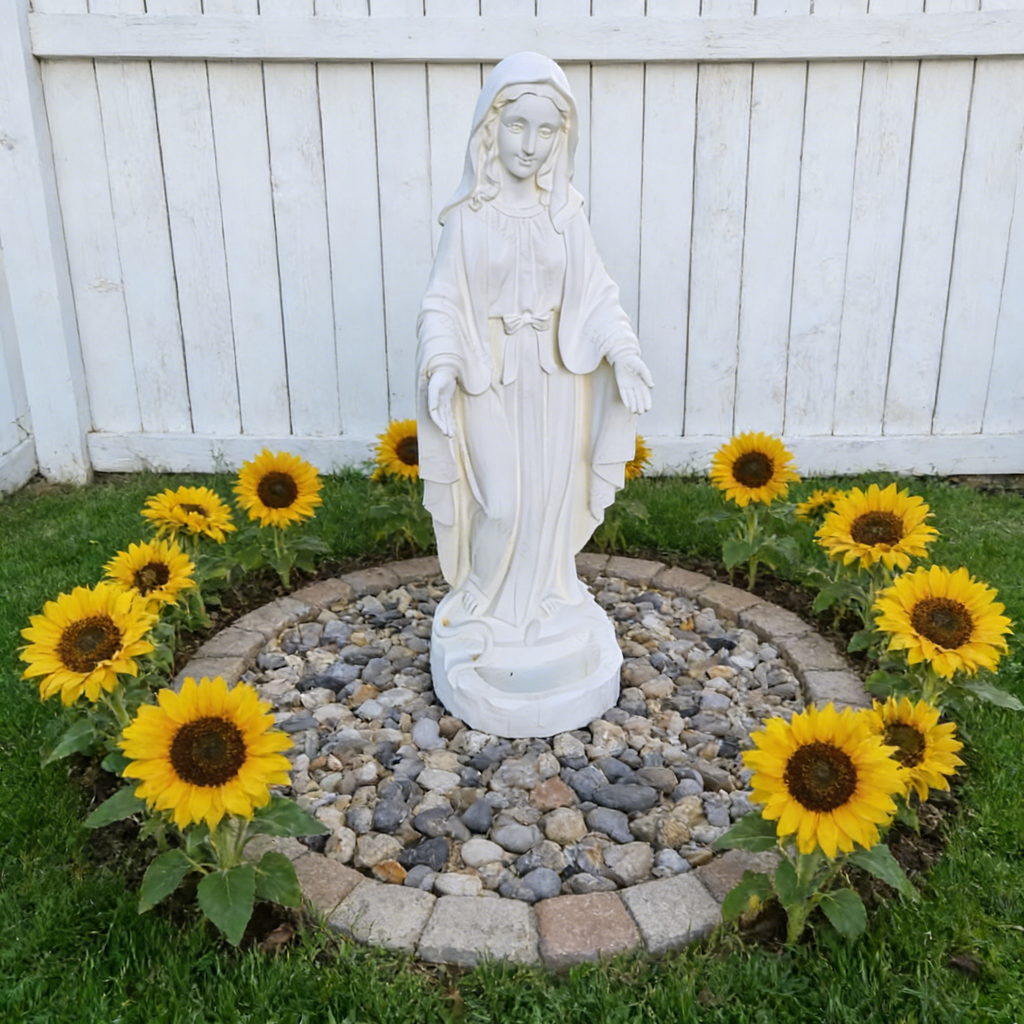 Heart Soars Religious Virgin Mary Statue with Bird Feeder, White Magnesium Oxide, 22x24.5x64cm, Garden Decor