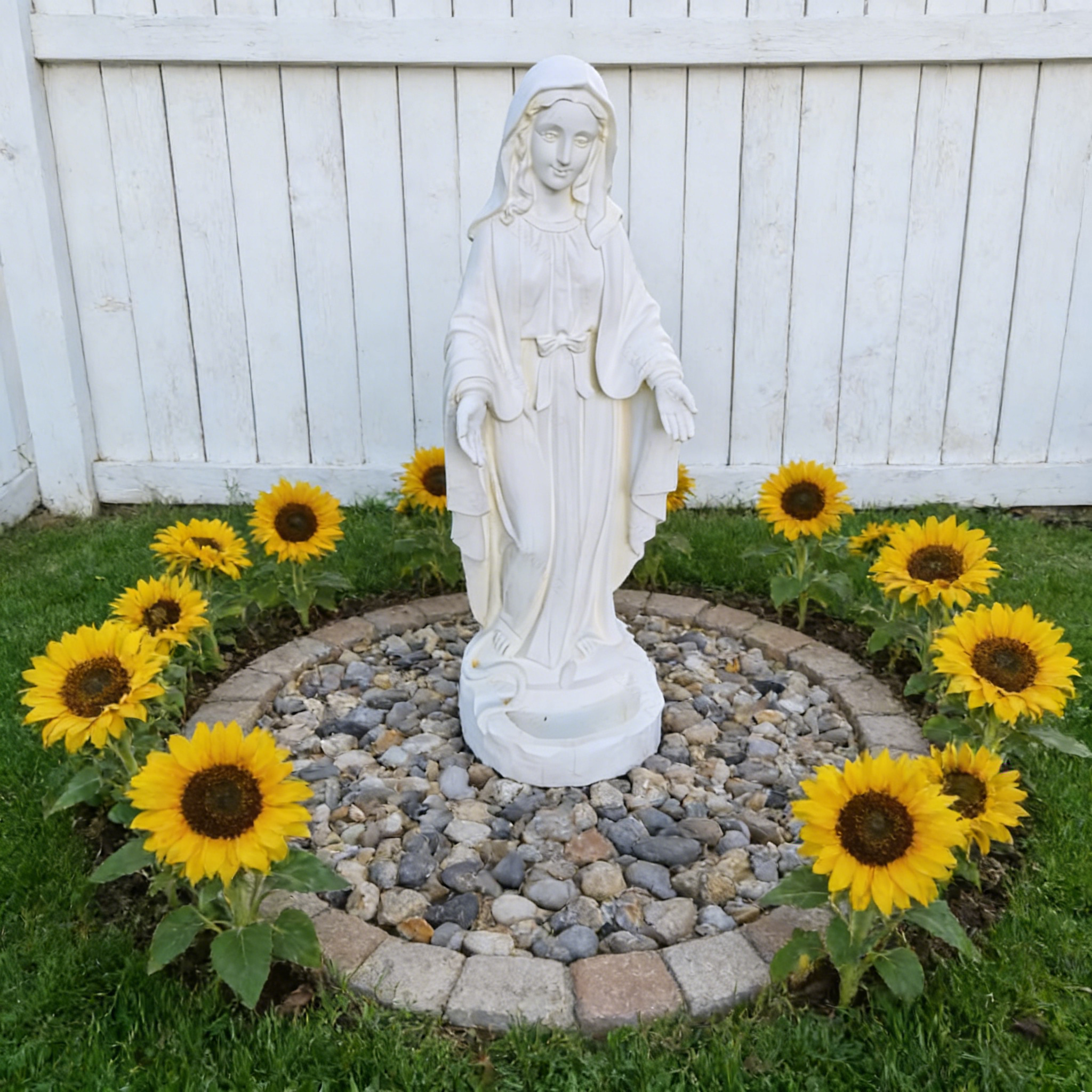 Heart Soars Religious Virgin Mary Statue with Bird Feeder, White Magnesium Oxide, 22x24.5x64cm, Garden Decor