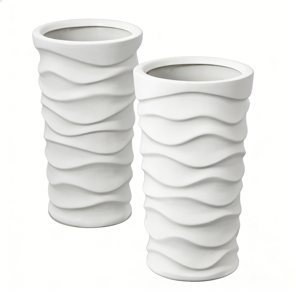 Heart Soars Modern White Wave Textured Tall Planter Set, Magnesium Oxide Material, 2 Piece Indoor Outdoor Flower Pot, Large 10x10x18 Inch and 12x12x20 Inch