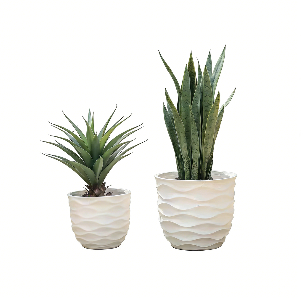 Heart Soars Wave Pattern Planter Pot Set, White, Magnesium Oxide Material, 2 Piece Set, 13.4 and 17.3 Inch