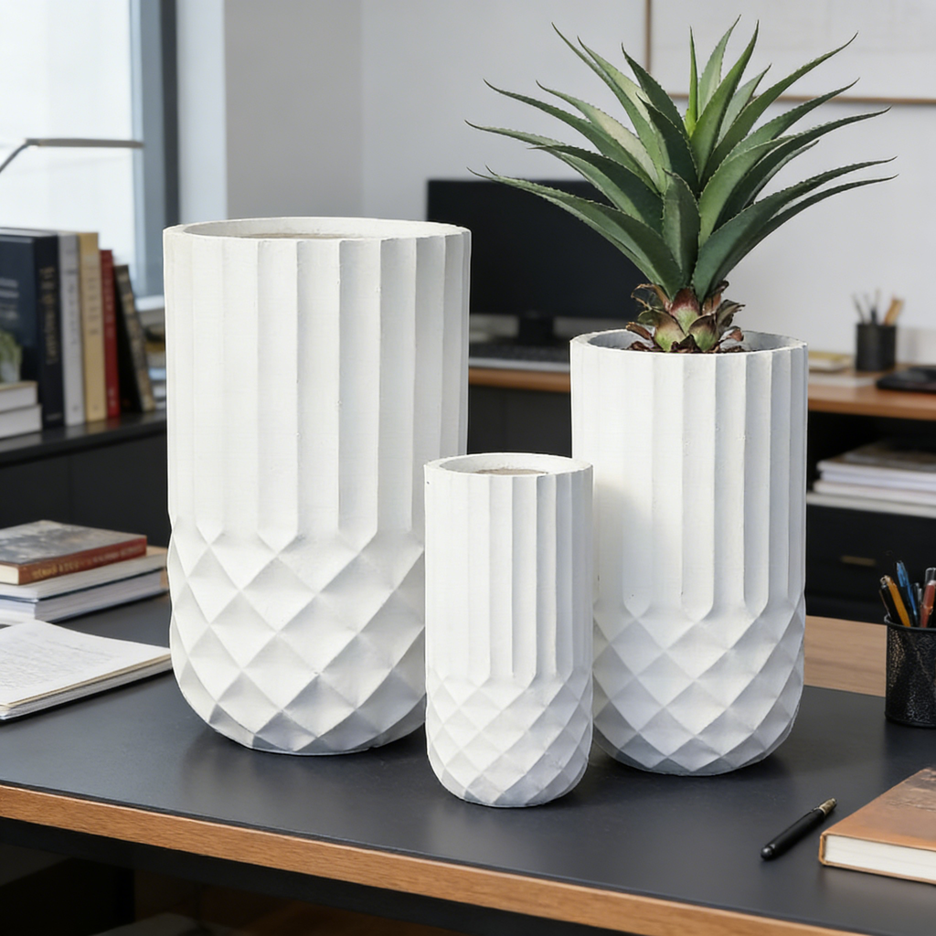 Heart Soars White Geometric Planter Set, Magnesium Oxide Material, 3 Piece Set with Diamond Pattern Design, Indoor Outdoor Decorative Flower Pots