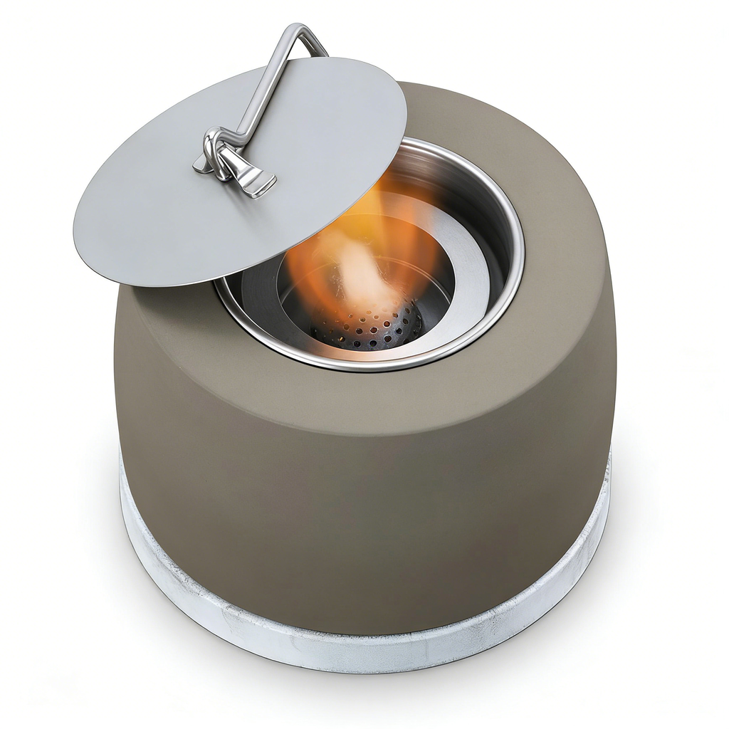 Heart Soars Tabletop Fire Bowl（no alcohol）, Concrete Alcohol Burner with Stainless Steel Lid, 15.6 x 15.6 x 16 cm, Desktop Fireplace with Cotton Wick and Extinguisher