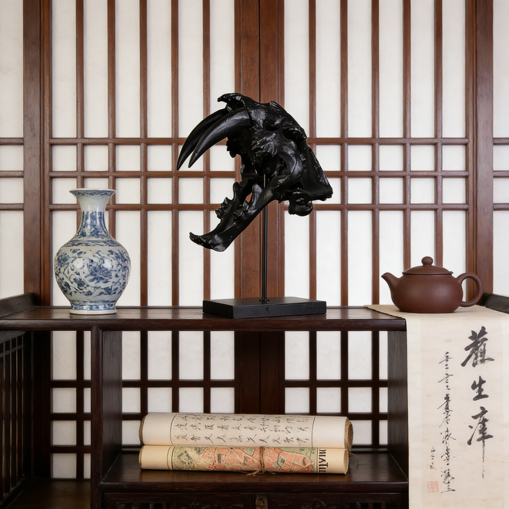 Heart Soars Animal Skull Sculpture Decorative Art Piece, Black, 33x21x49 CM, with Display Stand