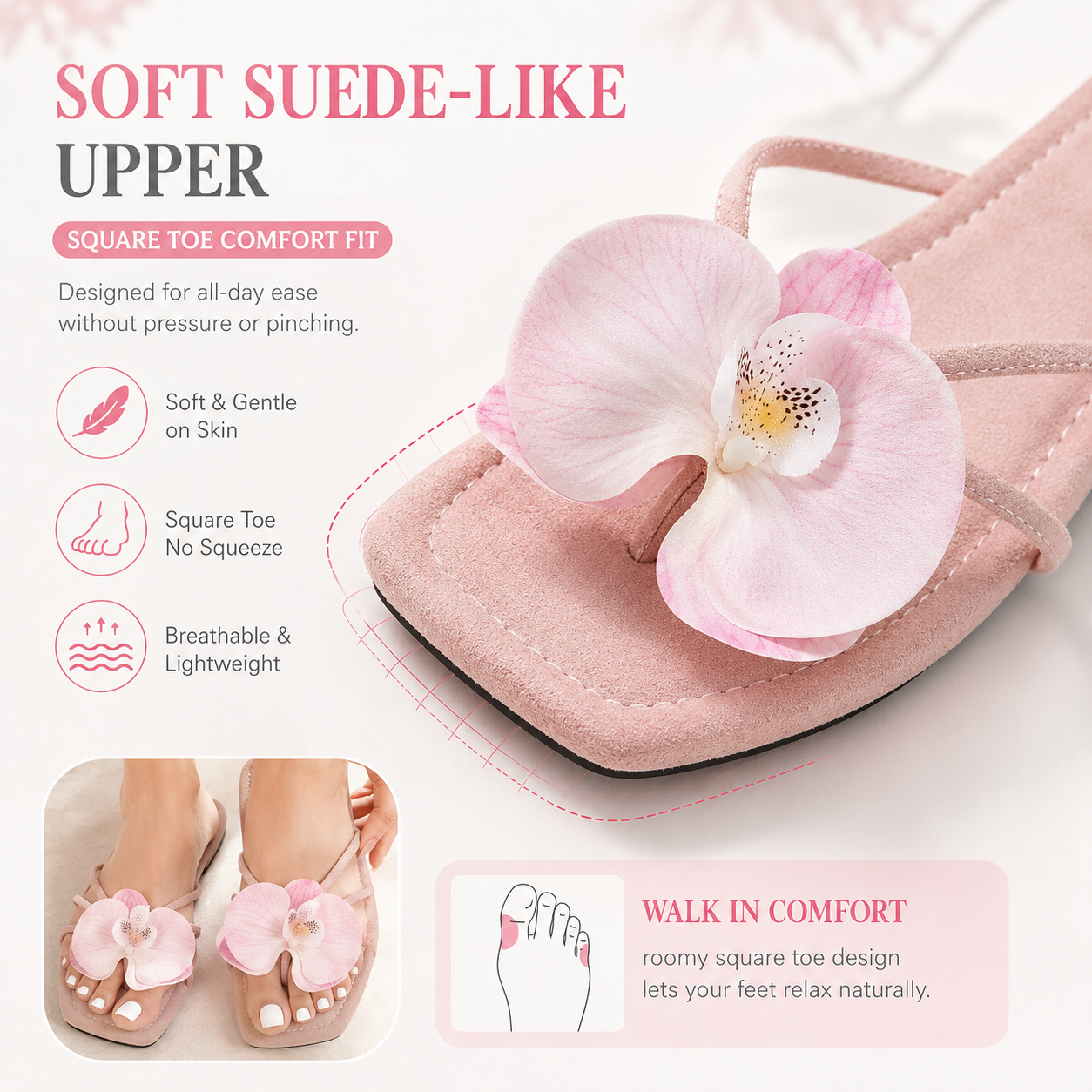 Women's Pink Orchid Flower Slide Sandals, Faux Suede Square-Toe Flat Slippers, Casual Summer Floral Sandals