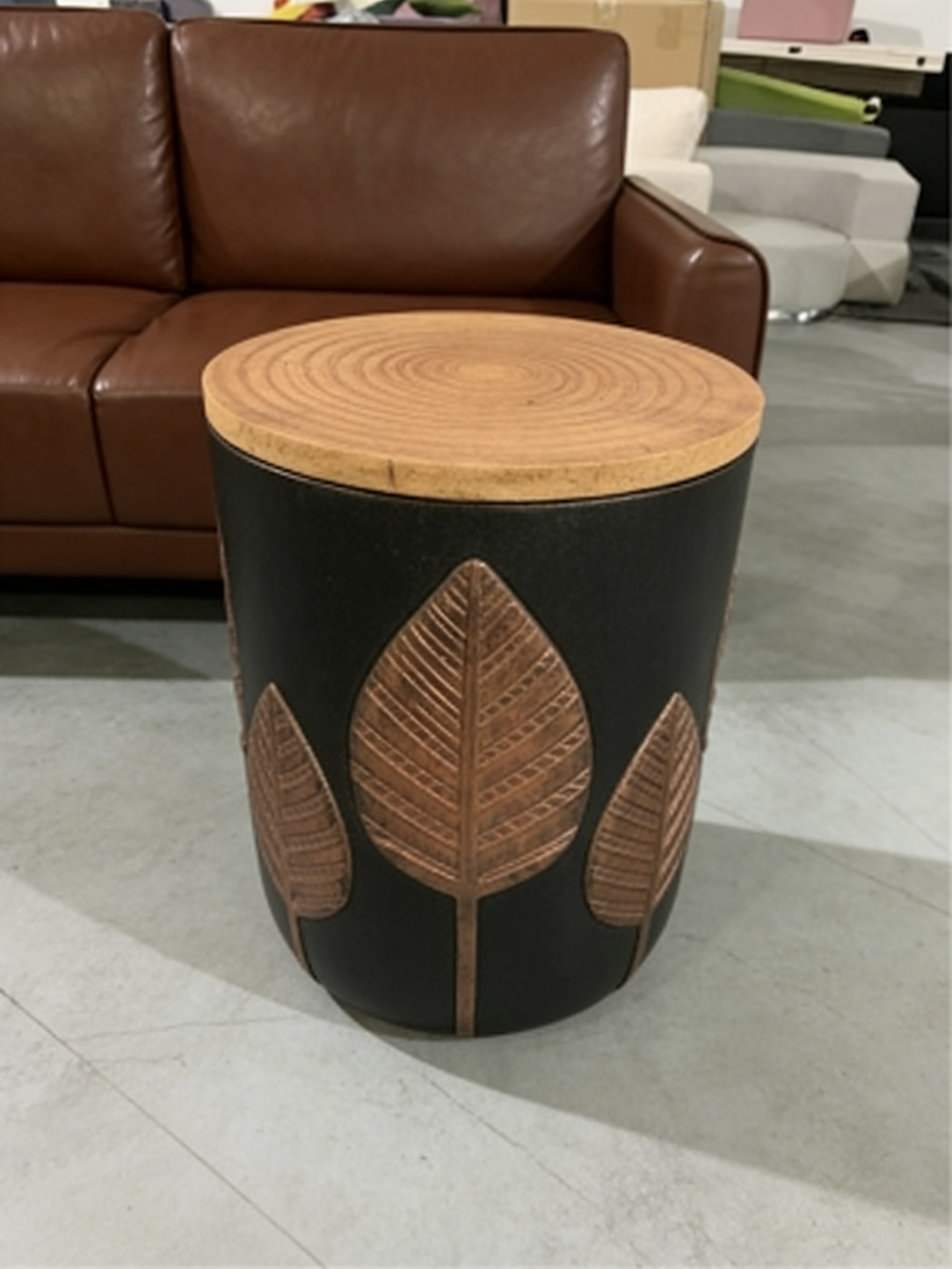 Heart Soars MGO Side Table with Storage, Decorative Leaf Design, Black with Wood Lid