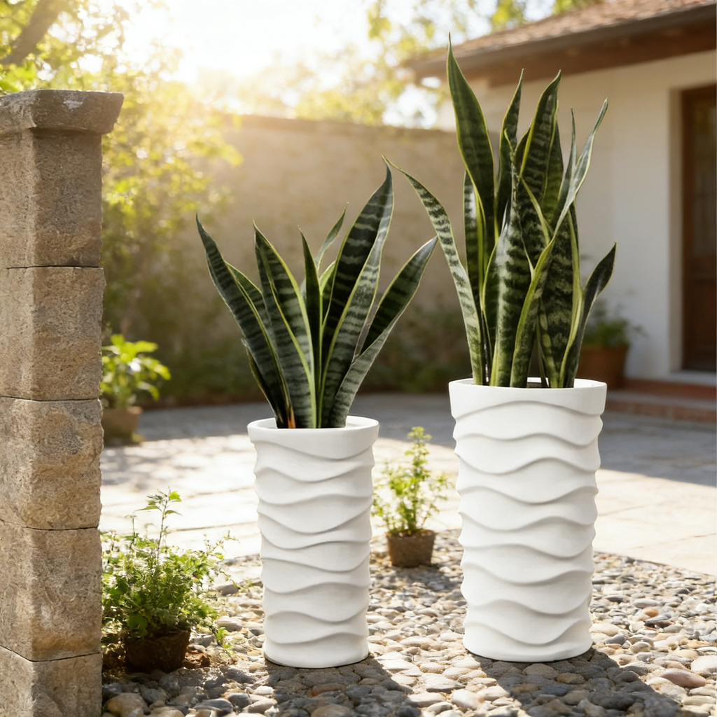 Heart Soars Modern White Wave Textured Tall Planter Set, Magnesium Oxide Material, 2 Piece Indoor Outdoor Flower Pot, Large 10x10x18 Inch and 12x12x20 Inch