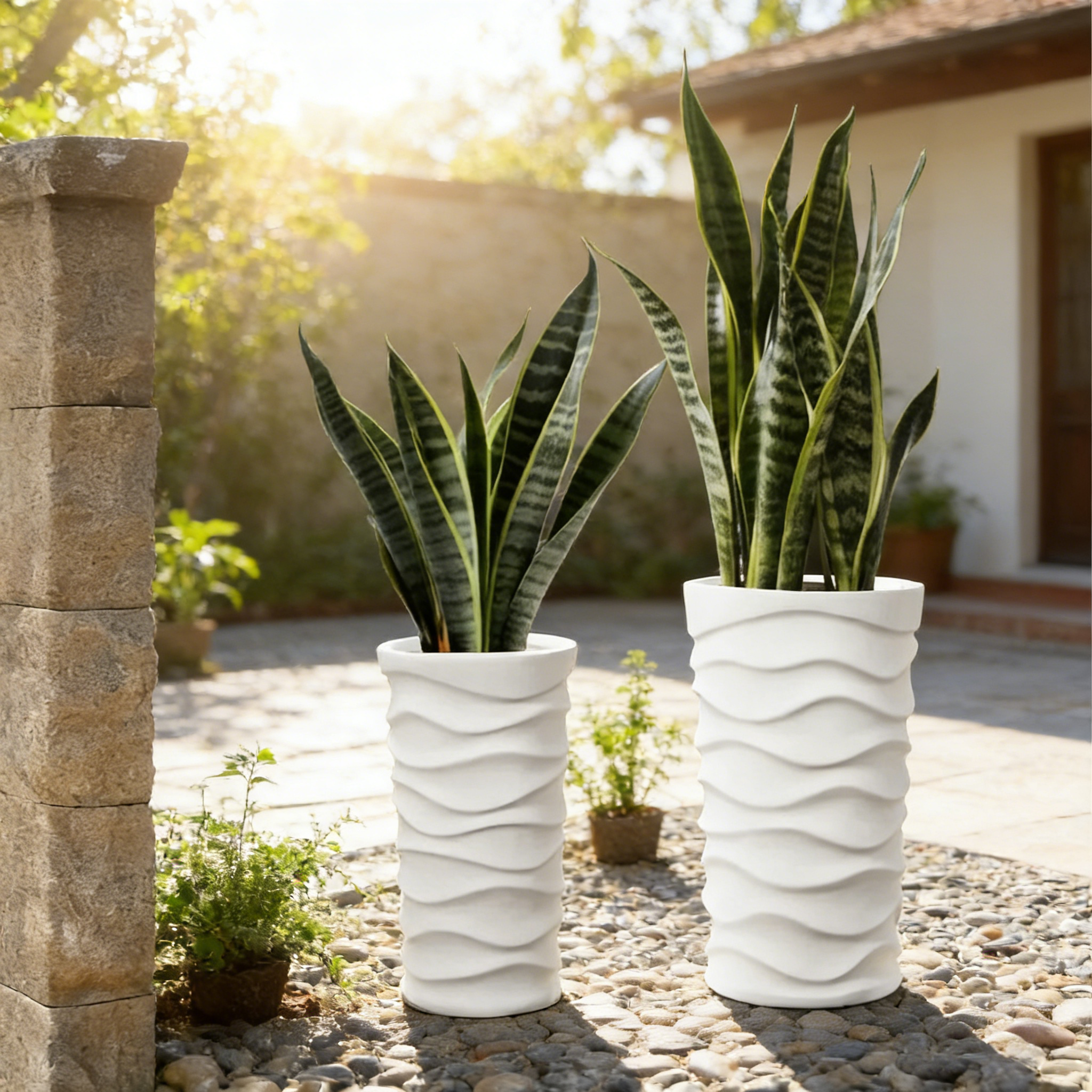 Heart Soars Modern White Wave Textured Tall Planter Set, Magnesium Oxide Material, 2 Piece Indoor Outdoor Flower Pot, Large 10x10x18 Inch and 12x12x20 Inch