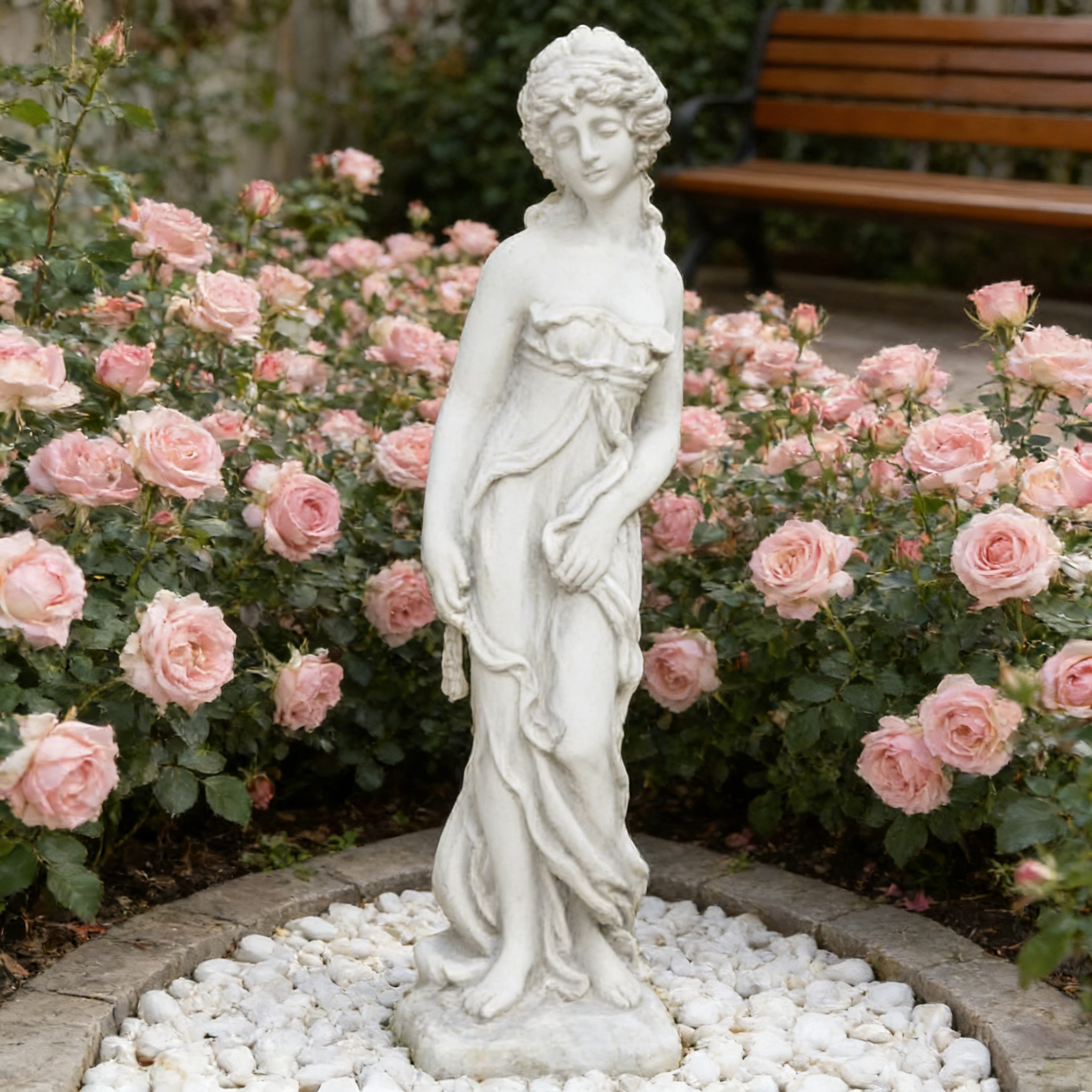 Heart Soars Spring Flower Goddess Statue, Classical Female Sculpture, White Magnesium Oxide, 32.5 Inches Height, Garden Decor