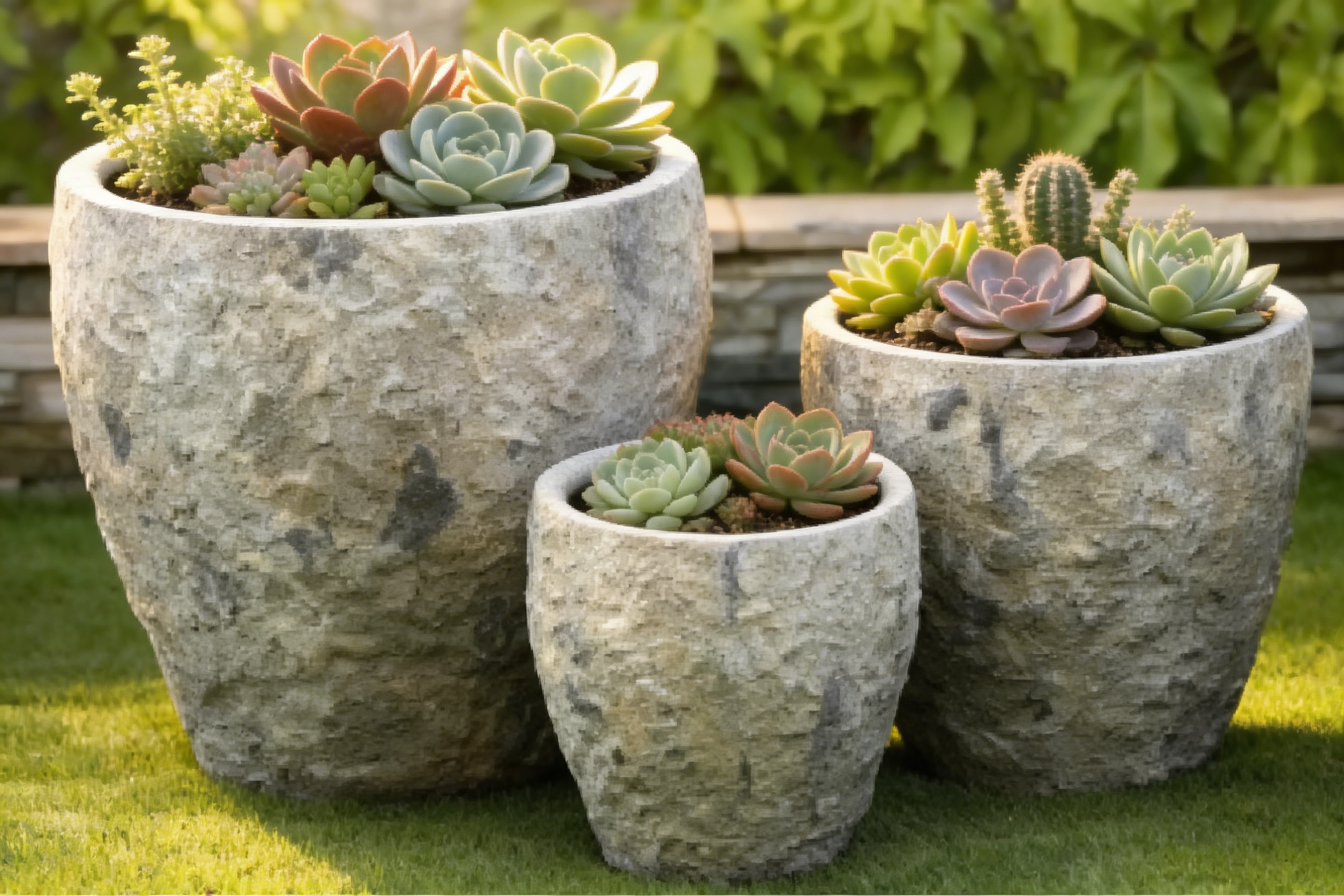 Heart Soars Stone Textured Planter Pots Set of 3, Magnesium Oxide Material, Gray Natural Finish, Indoor Outdoor Garden Planters
