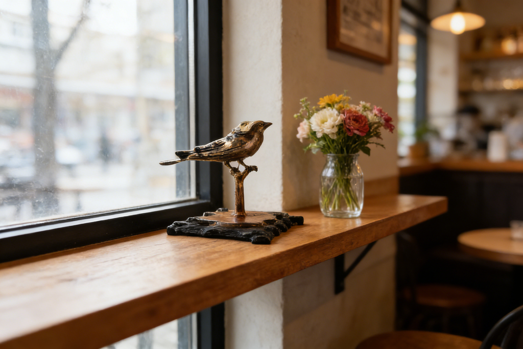 Bronze Bird Figurine Statue, Decorative Metal Sculpture on Black Base, 17x12x23 cm