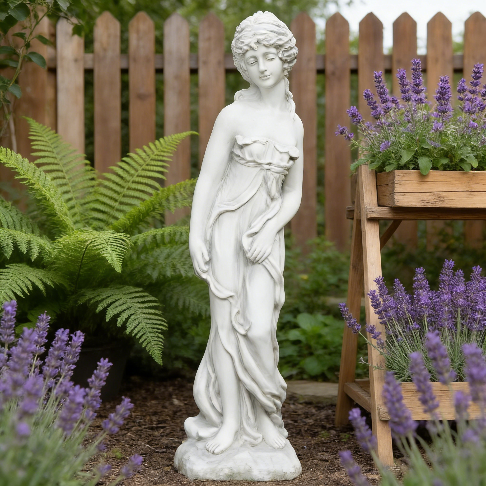Heart Soars Spring Flower Goddess Statue, Classical Female Sculpture, White Magnesium Oxide, 32.5 Inches Height, Garden Decor