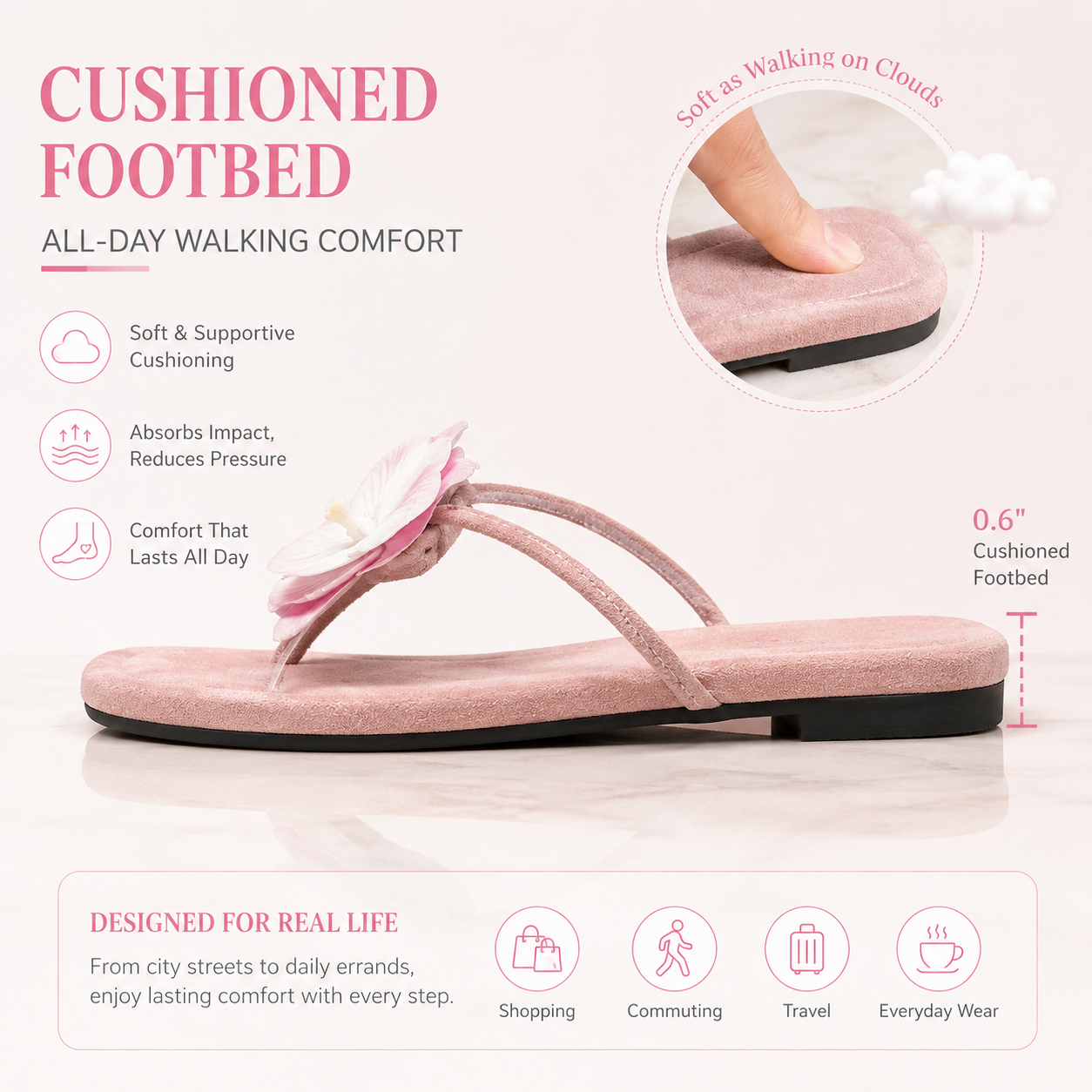 Women's Pink Orchid Flower Slide Sandals, Faux Suede Square-Toe Flat Slippers, Casual Summer Floral Sandals