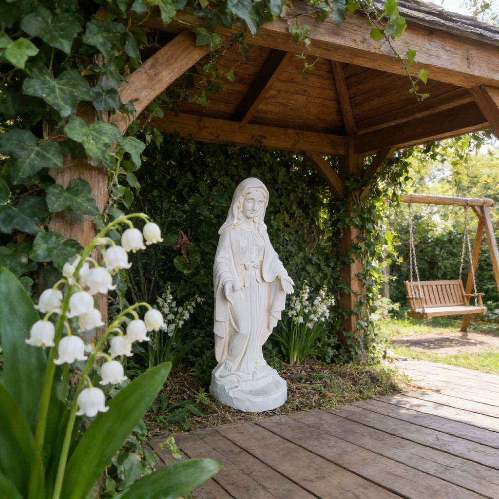 Heart Soars Religious Virgin Mary Statue with Bird Feeder, White Magnesium Oxide, 22x24.5x64cm, Garden Decor