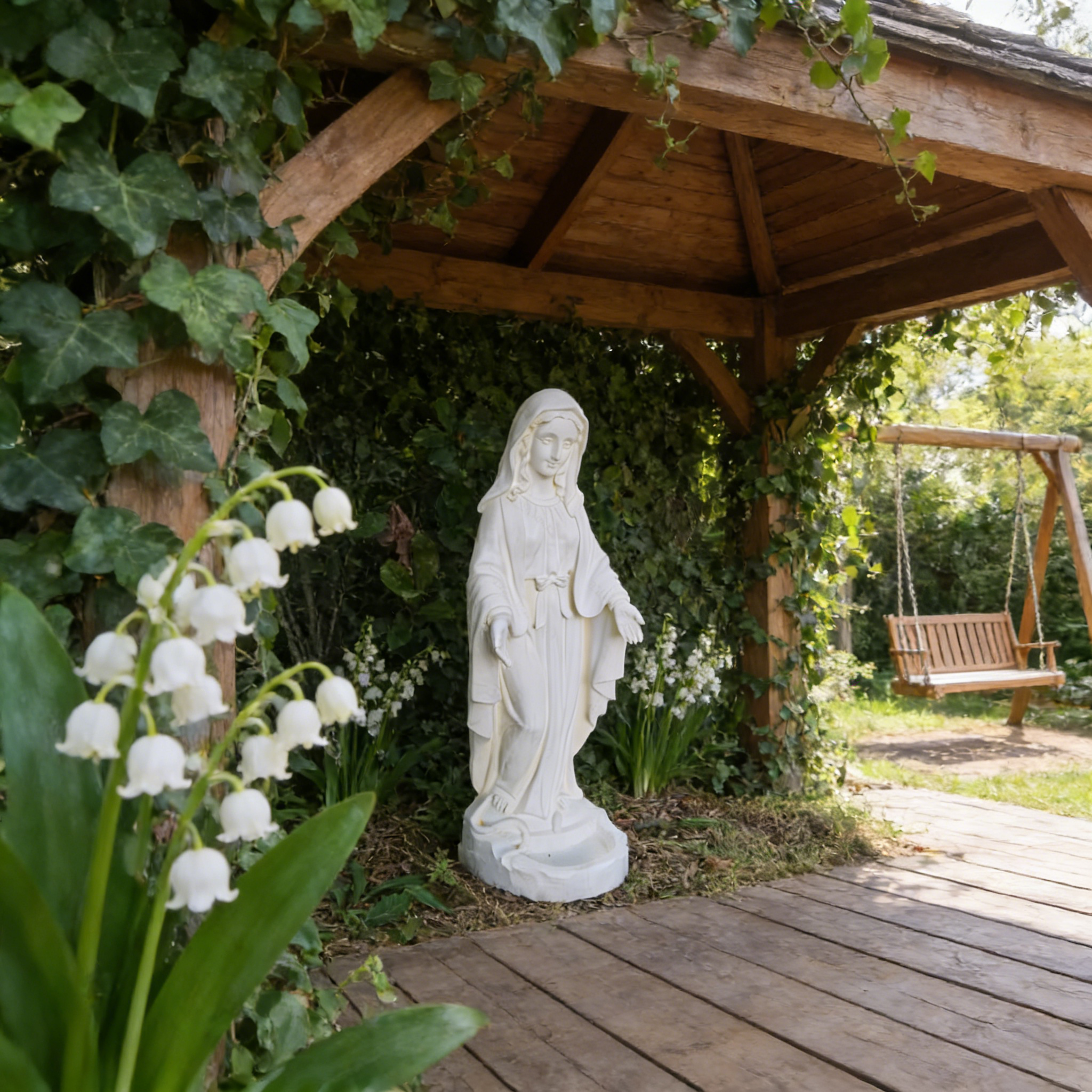Heart Soars Religious Virgin Mary Statue with Bird Feeder, White Magnesium Oxide, 22x24.5x64cm, Garden Decor