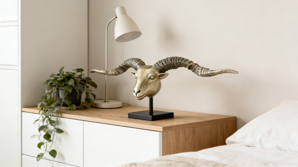 Heart Soars Ram Head Sculpture Decorative Figurine with Long Horns, Resin Craft Ornament on Black Base, 98x13x42cm