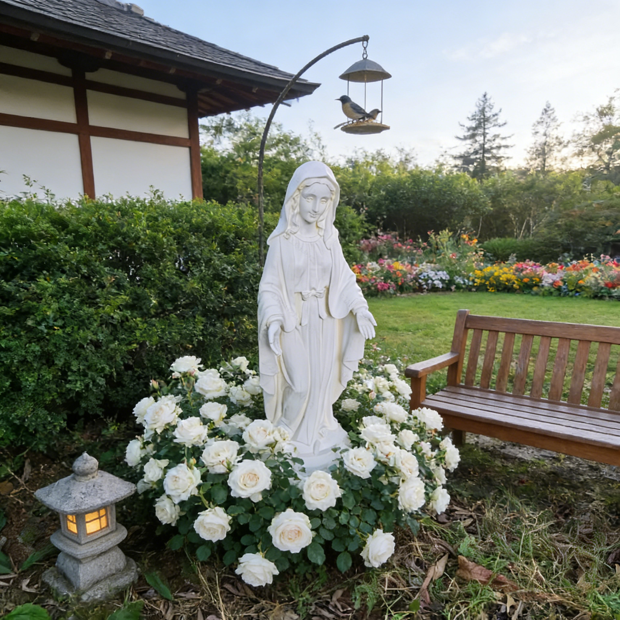 Heart Soars Religious Virgin Mary Statue with Bird Feeder, White Magnesium Oxide, 22x24.5x64cm, Garden Decor