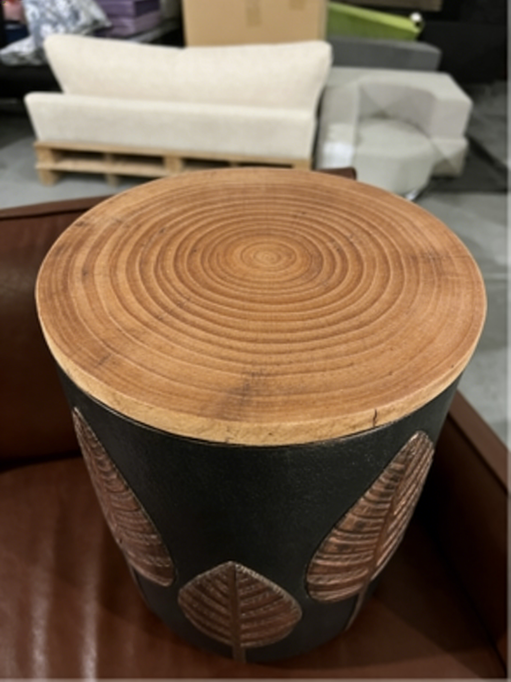 Heart Soars MGO Side Table with Storage, Decorative Leaf Design, Black with Wood Lid