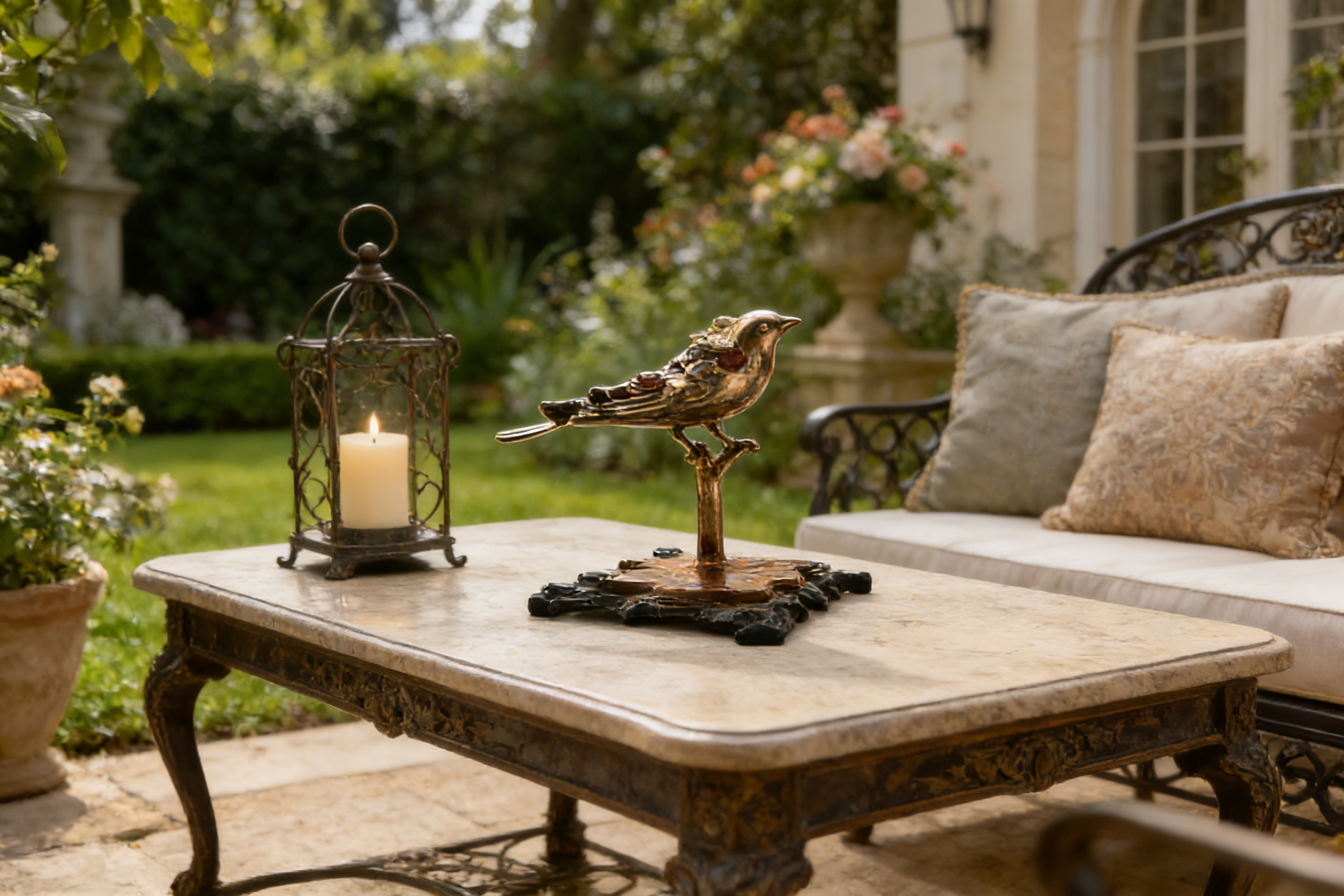 Bronze Bird Figurine Statue, Decorative Metal Sculpture on Black Base, 17x12x23 cm