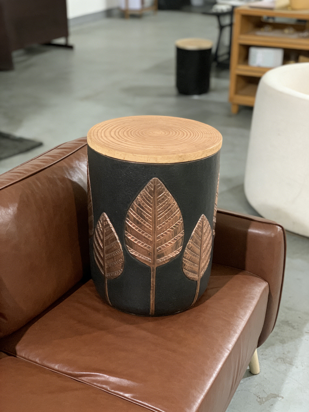 Heart Soars MGO Side Table with Storage, Decorative Leaf Design, Black with Wood Lid