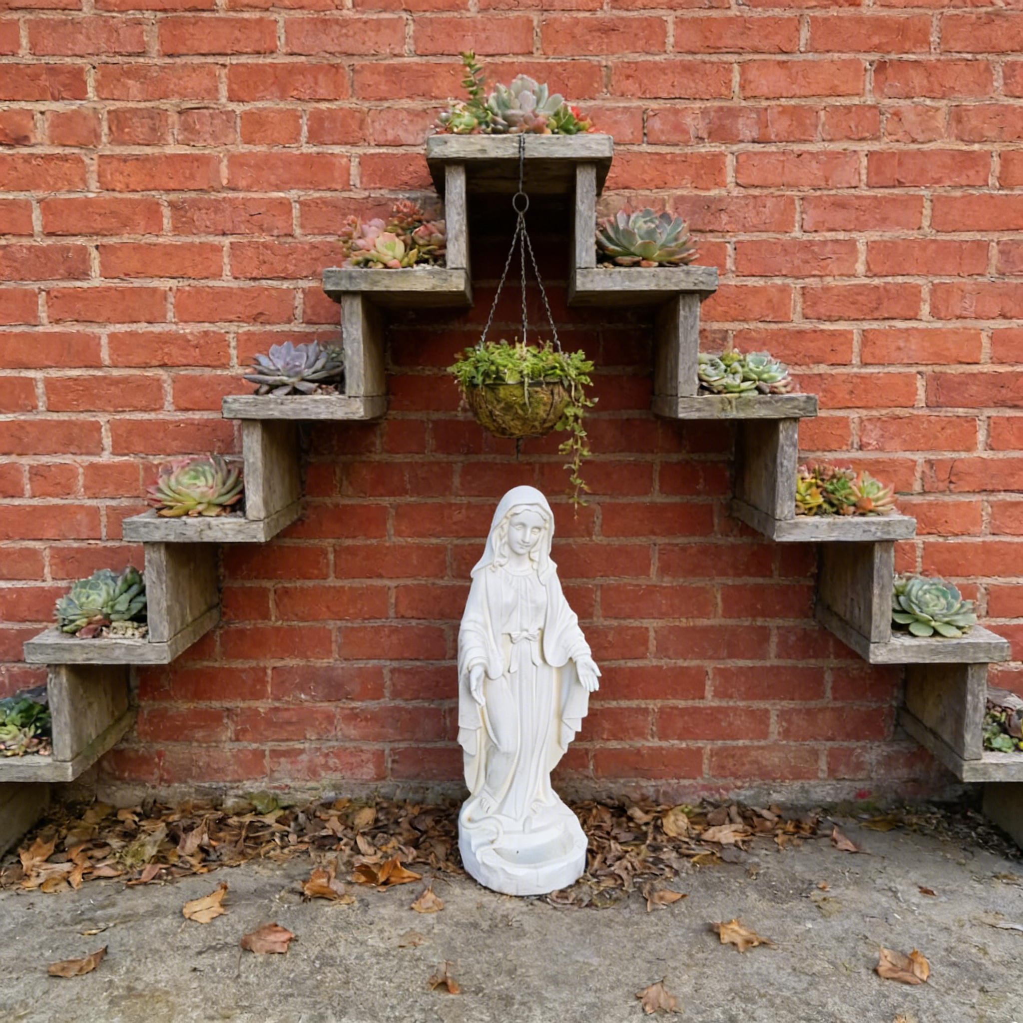 Heart Soars Religious Virgin Mary Statue with Bird Feeder, White Magnesium Oxide, 22x24.5x64cm, Garden Decor