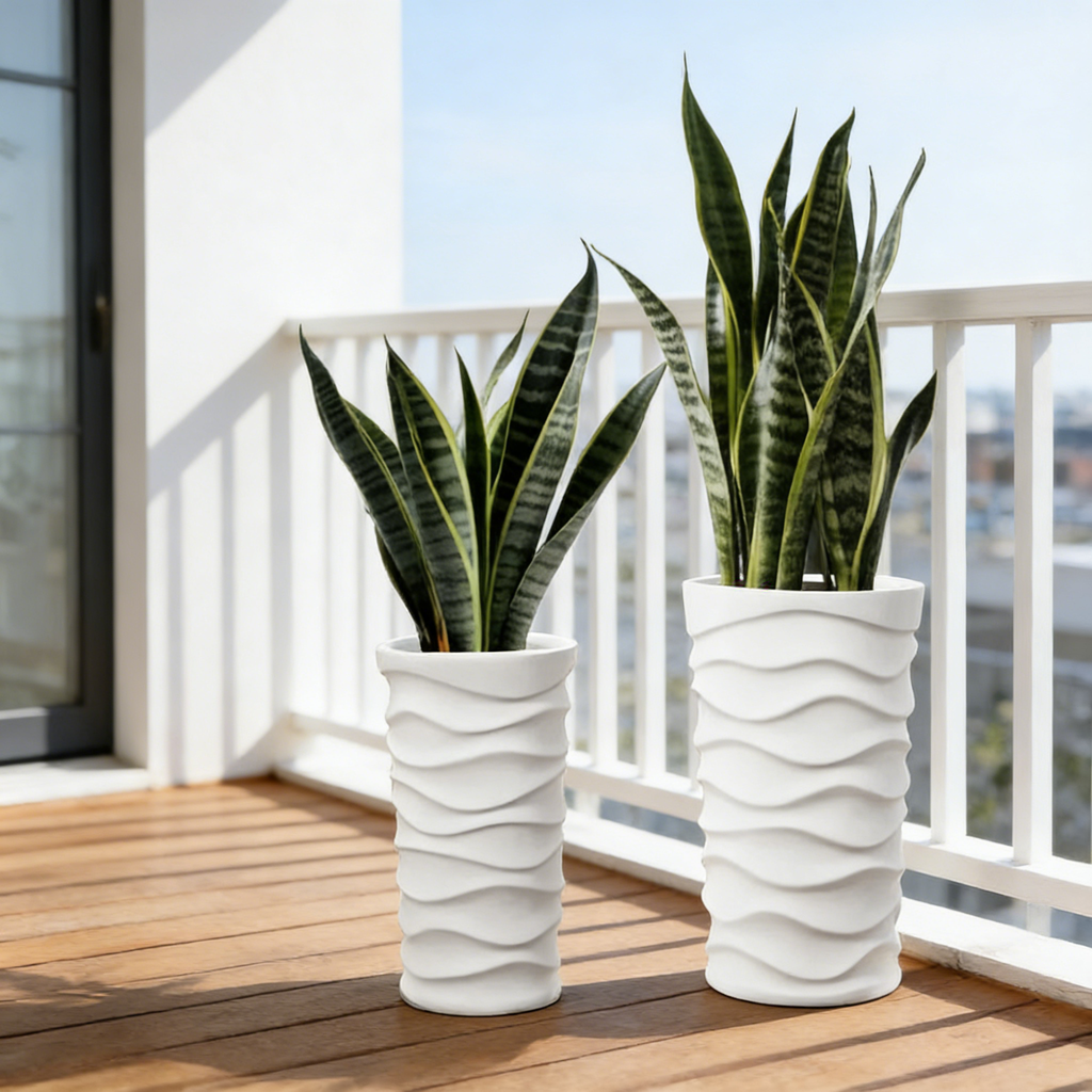 Heart Soars Modern White Wave Textured Tall Planter Set, Magnesium Oxide Material, 2 Piece Indoor Outdoor Flower Pot, Large 10x10x18 Inch and 12x12x20 Inch