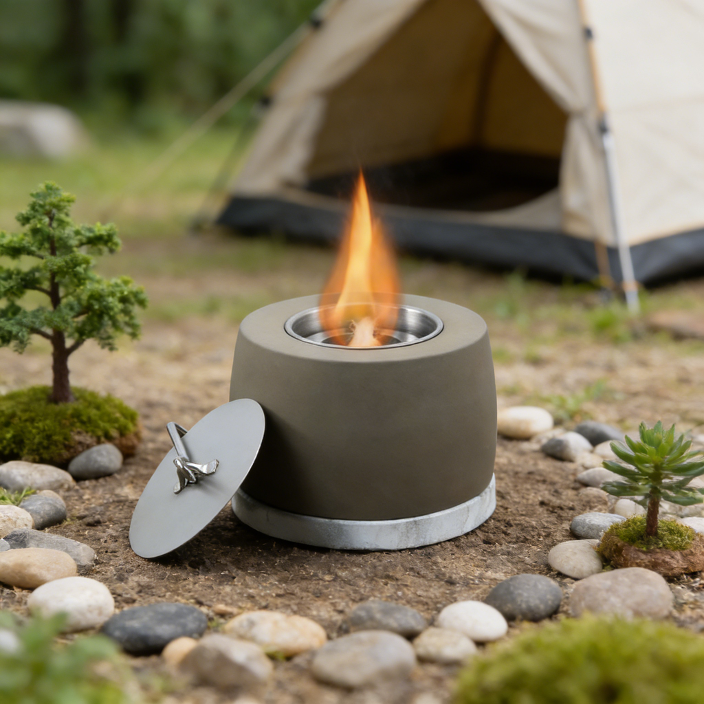 Heart Soars Tabletop Fire Bowl（no alcohol）, Concrete Alcohol Burner with Stainless Steel Lid, 15.6 x 15.6 x 16 cm, Desktop Fireplace with Cotton Wick and Extinguisher