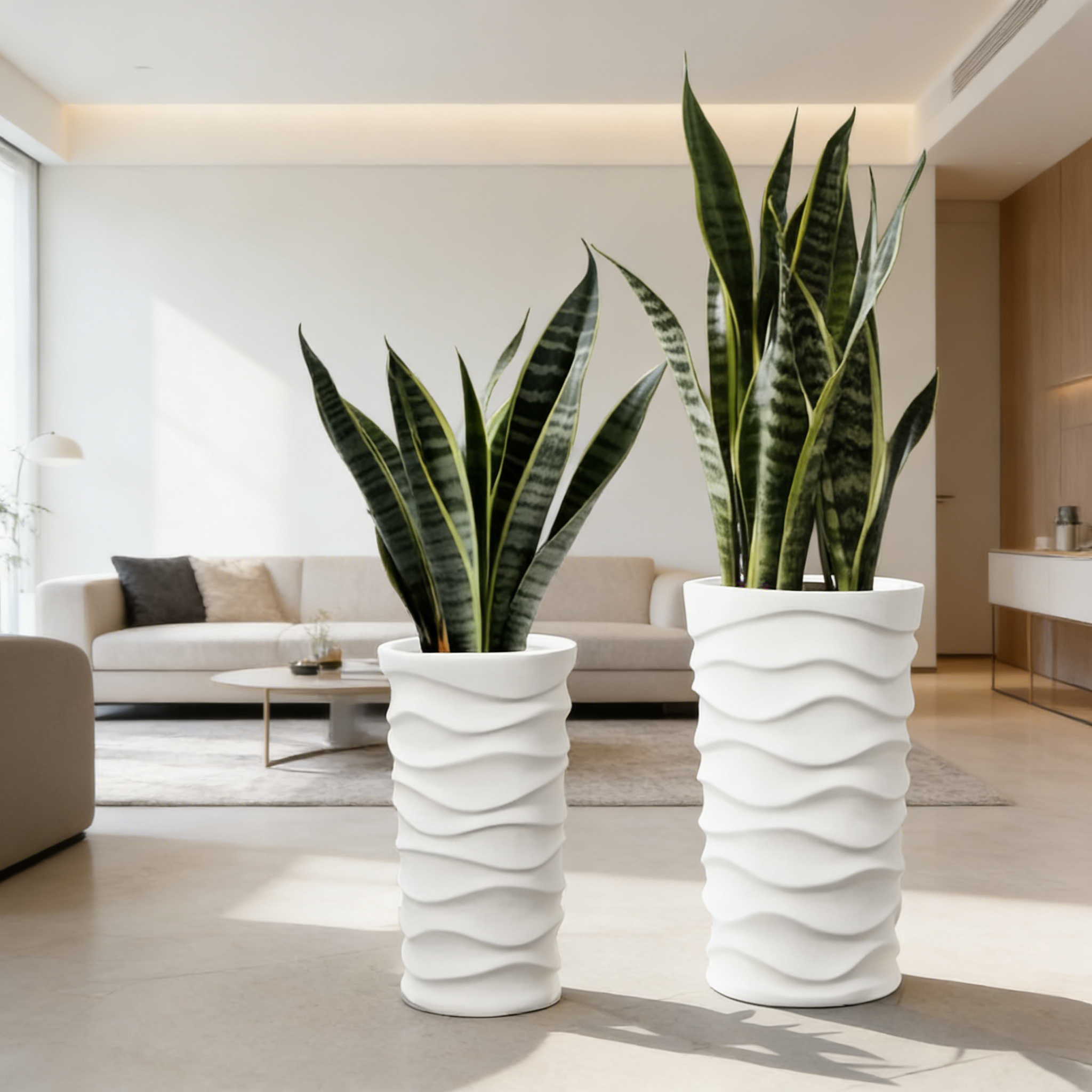 Heart Soars Modern White Wave Textured Tall Planter Set, Magnesium Oxide Material, 2 Piece Indoor Outdoor Flower Pot, Large 10x10x18 Inch and 12x12x20 Inch