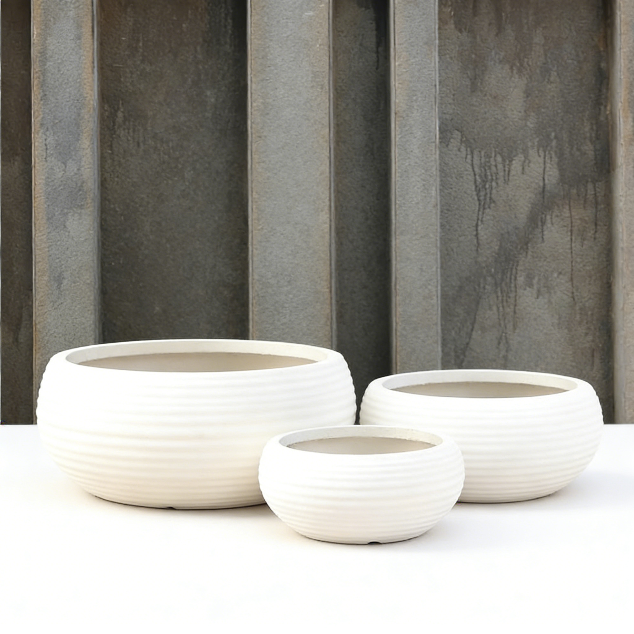 Heart Soars Round Planter Pots Set of 3, White, Magnesium Oxide Material, Low Profile Design, 12", 16.5", and 21.6" Diameters