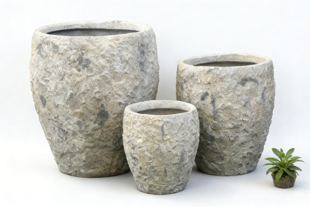 Heart Soars Stone Textured Planter Pots Set of 3, Magnesium Oxide Material, Gray Natural Finish, Indoor Outdoor Garden Planters