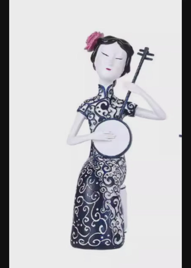 Heart Soars Chinese Traditional Lady Figurine Sculpture, Decorative Art Craft with Musical Instrument, Black and White Pattern, 12.5x12x27 CM