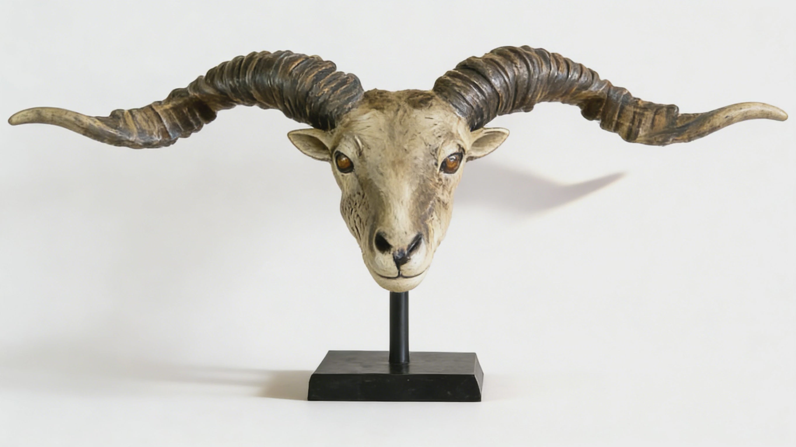 Heart Soars Ram Head Sculpture Decorative Figurine with Long Horns, Resin Craft Ornament on Black Base, 98x13x42cm