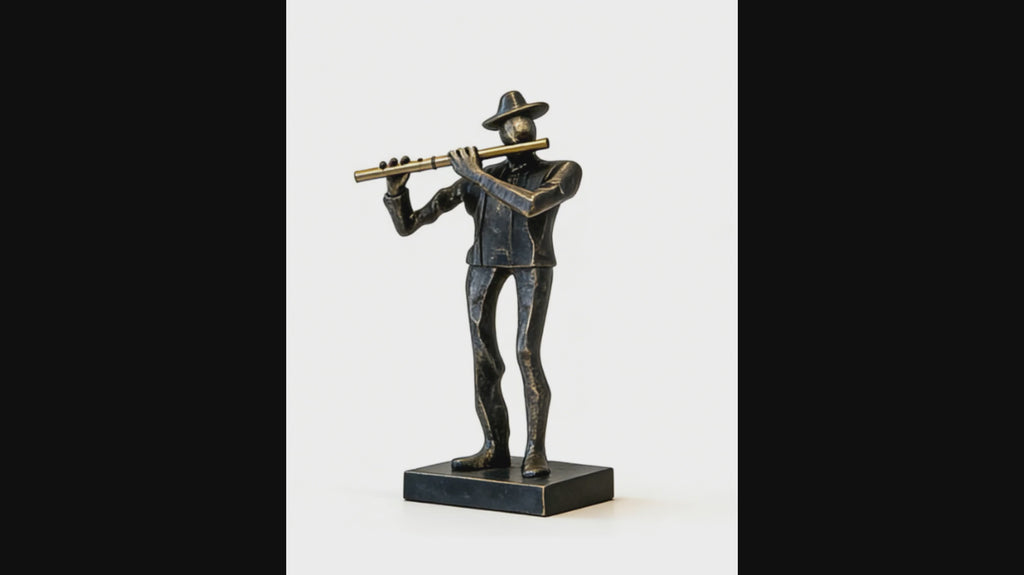 Heart Soars Musician Playing Flute Sculpture Figurine, Bronze and Blue Finish, 9.5x7x31 CM Decorative Art Piece